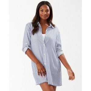 Tommy Bahama Womens M Chambray Stripe Boyfriend Beach Shirt‎ Button Down Frayed